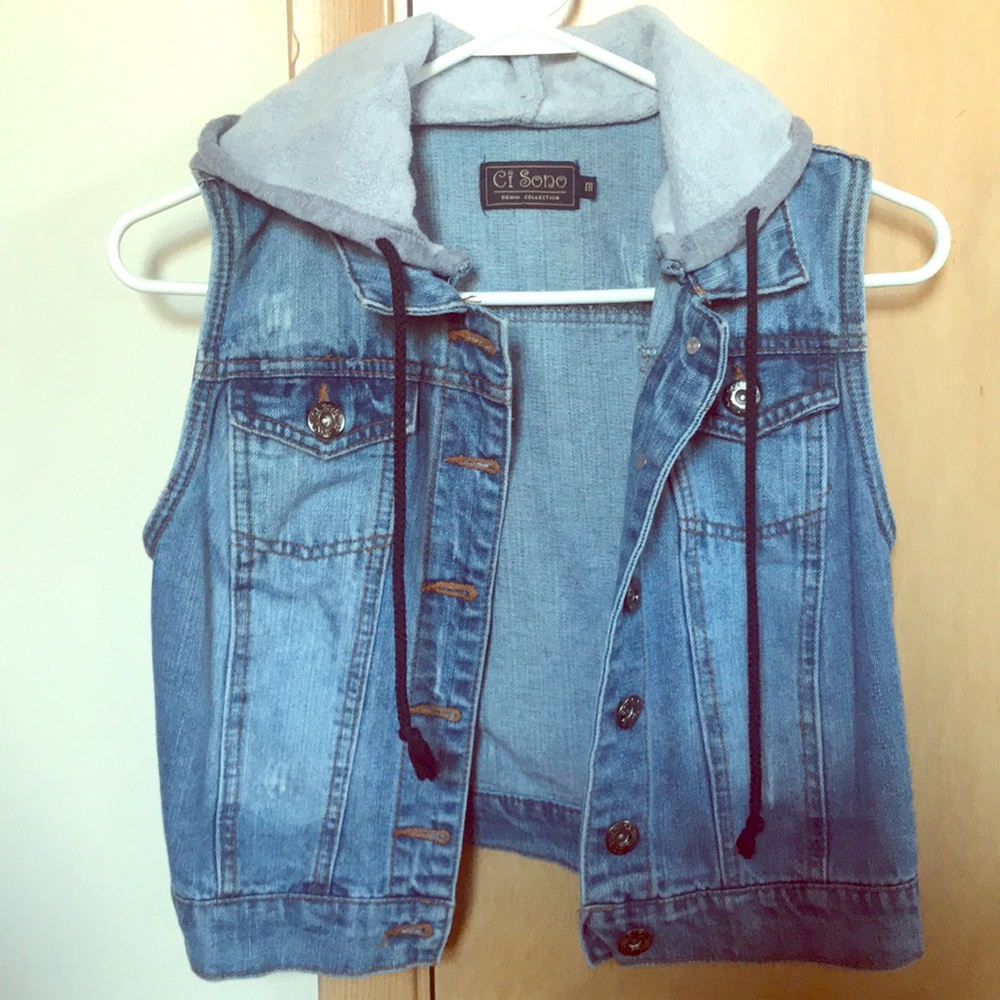 Cropped jean vest with hood